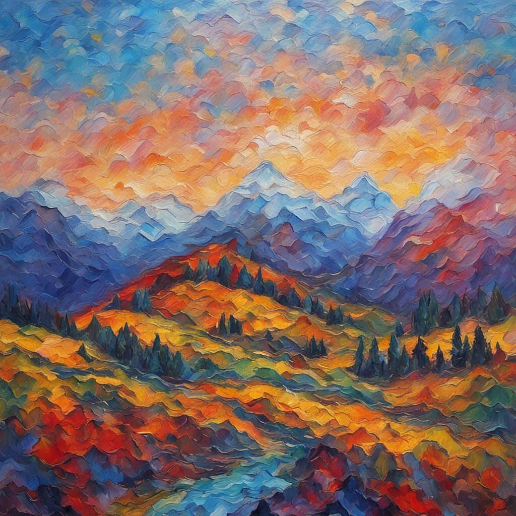 Mountain Scenery in Neo-Impressionist Oil Painting Style