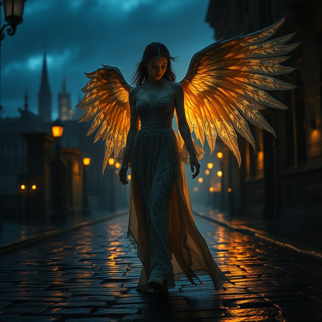 Majestic Dark Angel in Mystical Cityscape