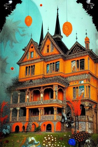Surreal Gothic Mansion with Alien Flowers