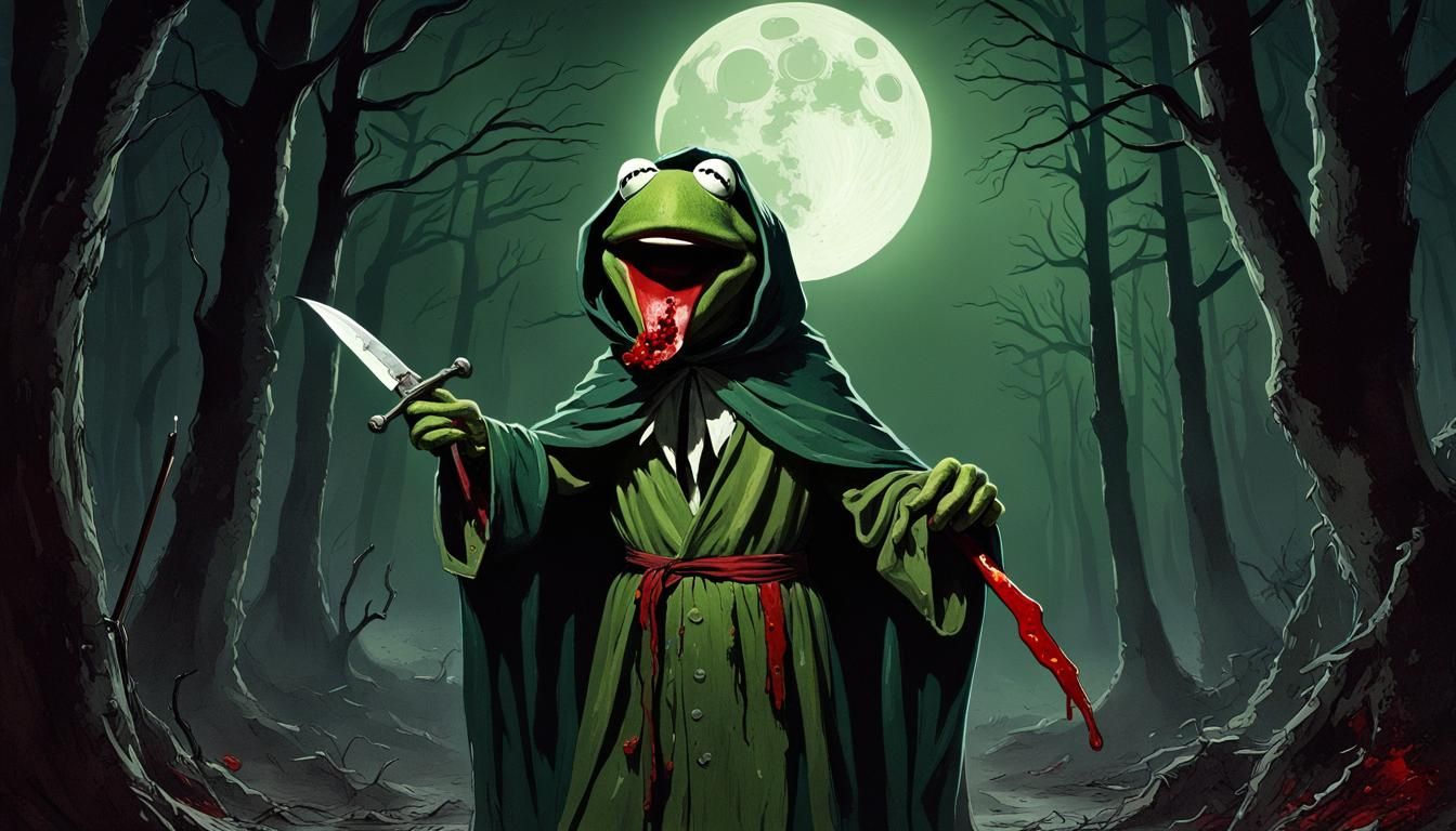 Evil Kermit with Bloody Knife in Forest