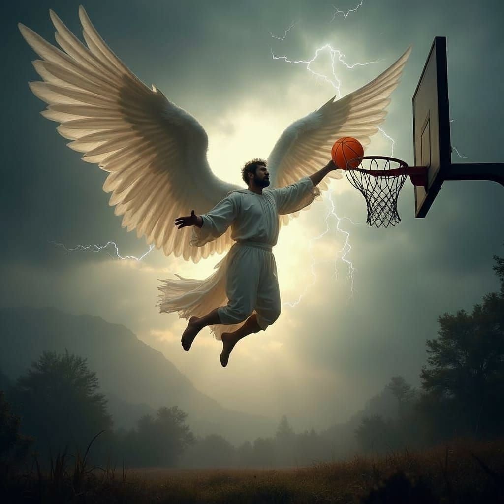 Three-Winged Angel Dunking Basketball in Wilderness