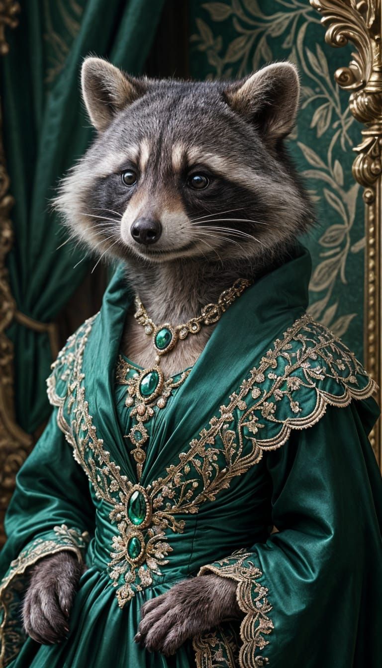 Raccoon in Baroque Gown: A Detailed Portrait