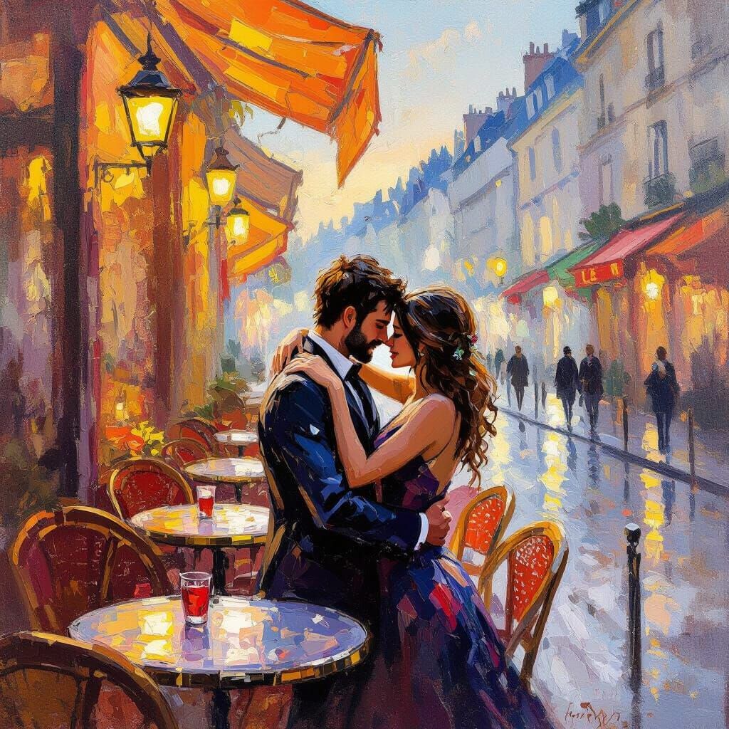 Passionate Couple Embracing in Parisian Cafe