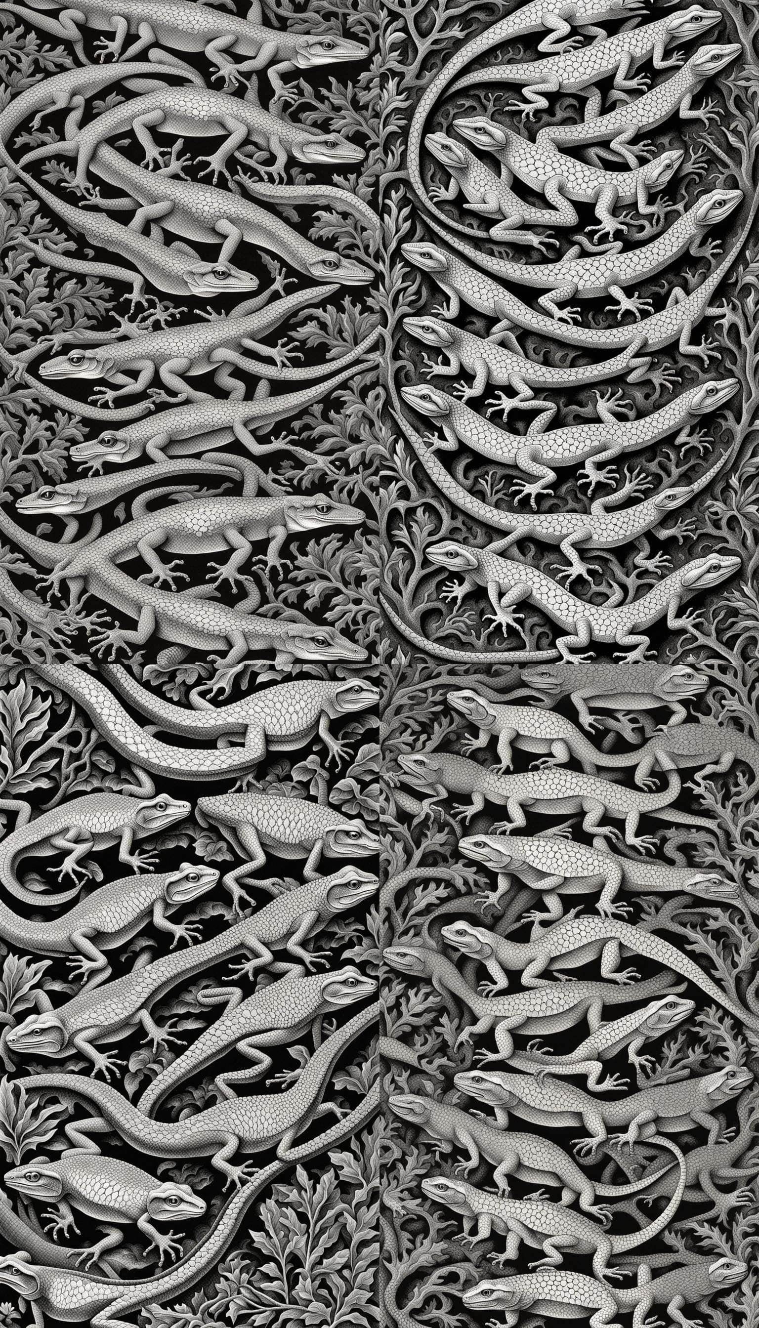 Escher-Style Lizard Optical Illusion in Black and White