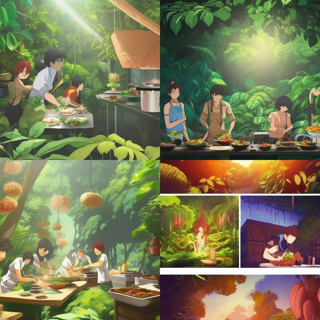 Jungle Cooking Competition in Studio Ghibli Anime Style