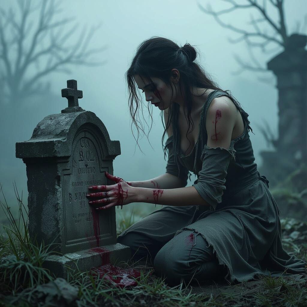 Gothic Woman Mourning at Family Tomb in Mist