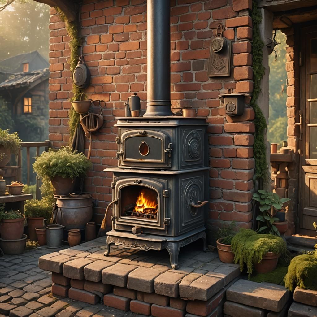 Rustic Wood Stove with Opossum in Folk Art Style