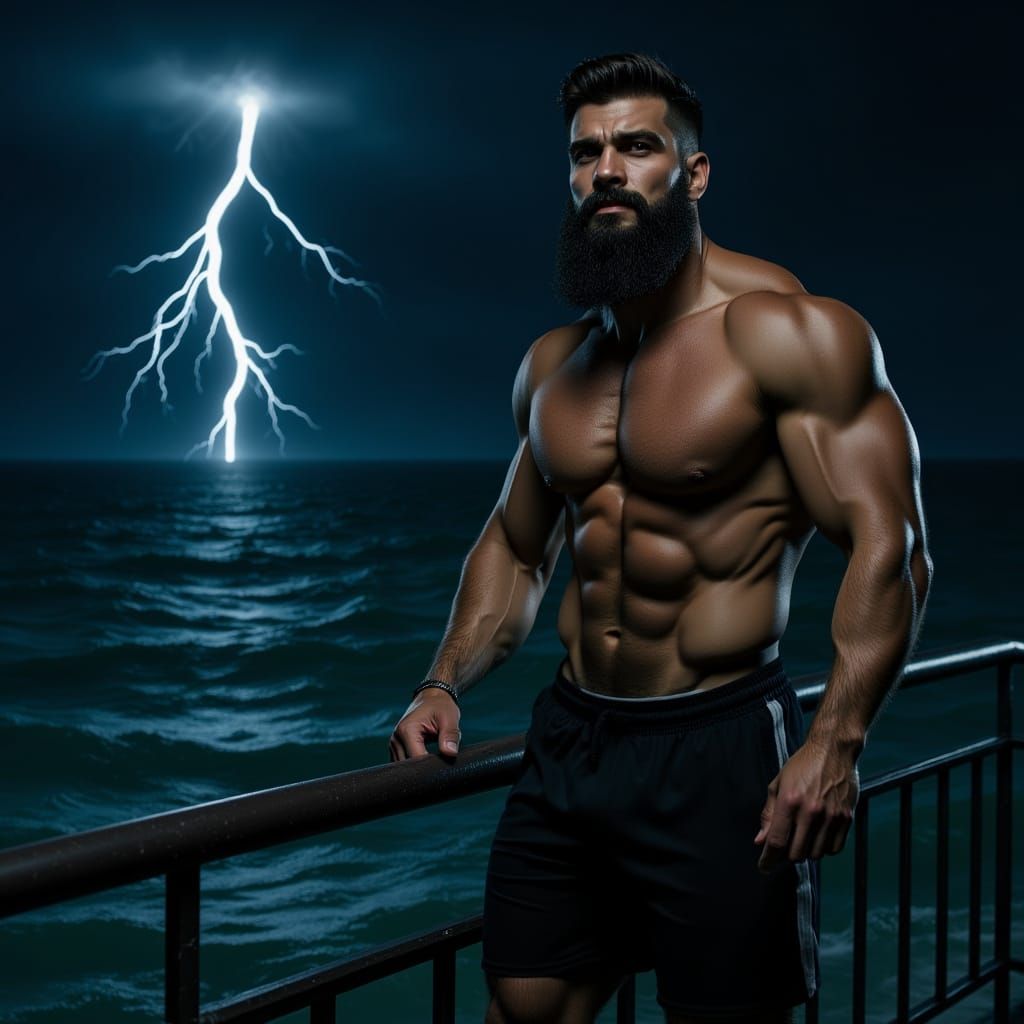 Lighthouse Keeper in Storm with Lightning
