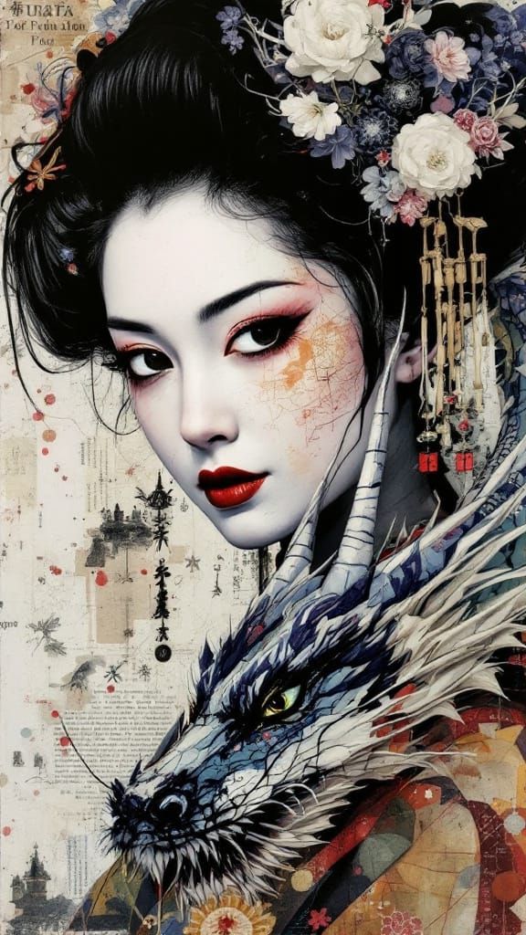 Geisha and Dragon Collage in Mixed Media Style