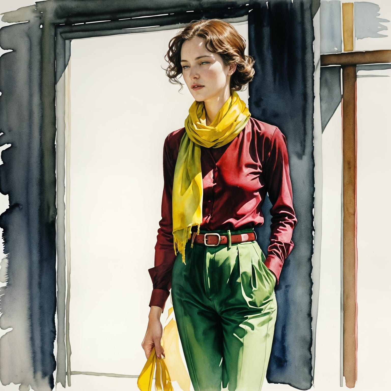 Woman in Red Blouse, Watercolor Style