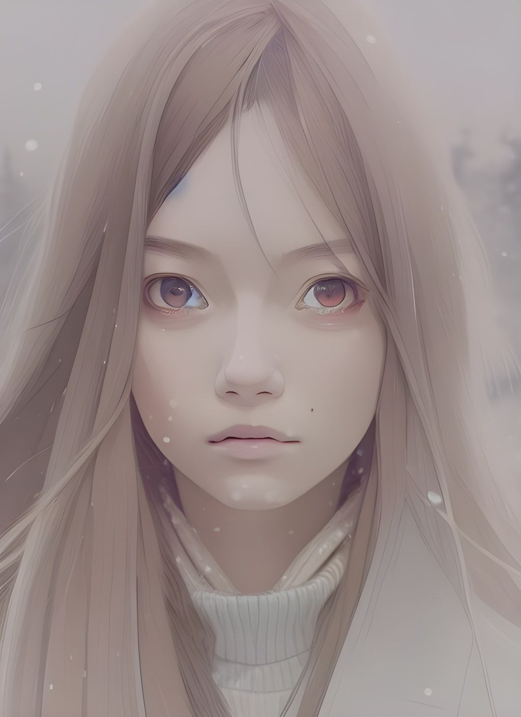 Anime Portrait of Girl in Falling Snow