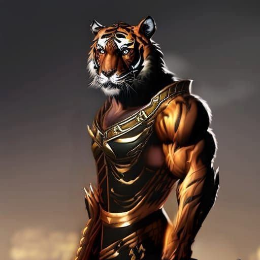 Tiger Beastman in Black and Gold Armor