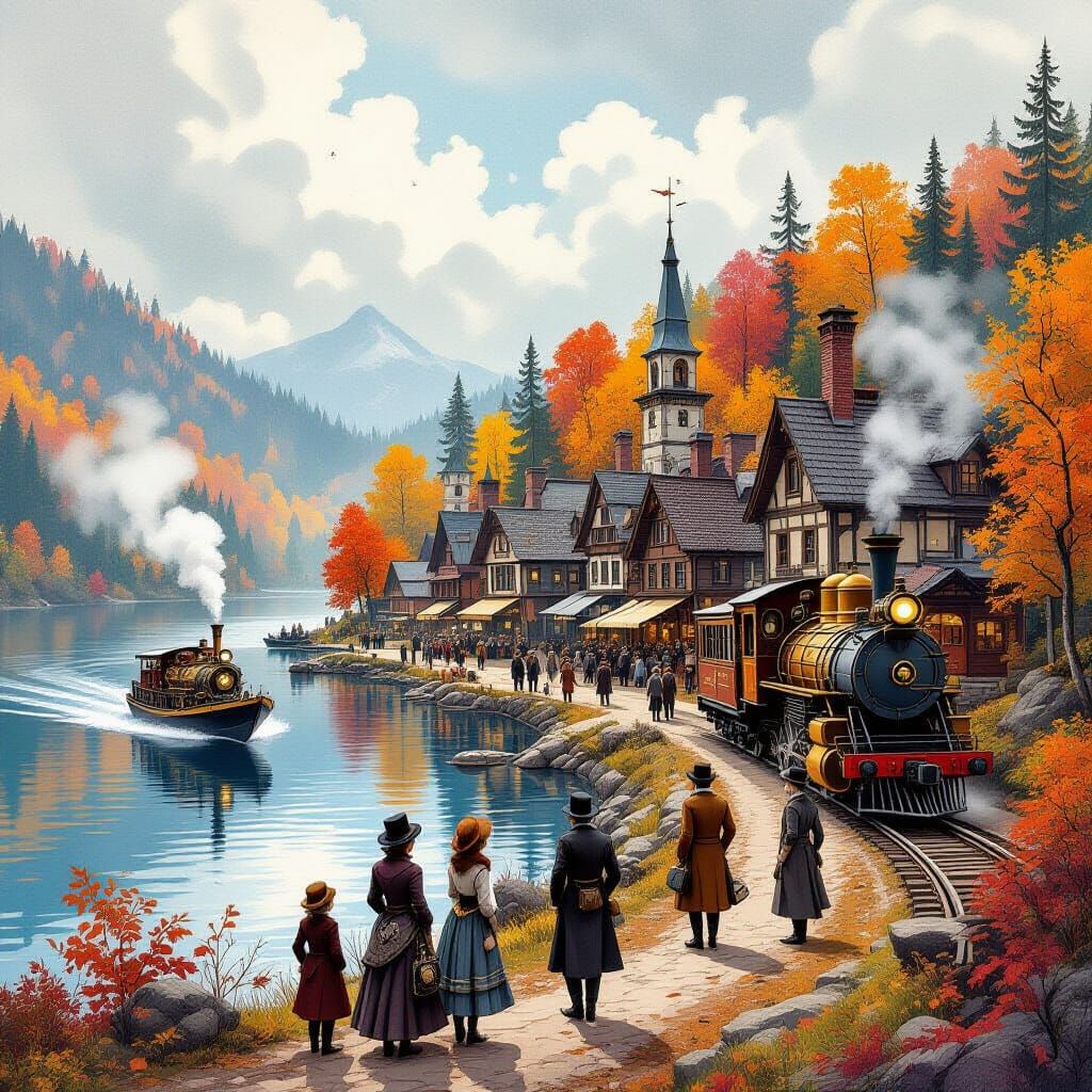 Steampunk Village in Autumn Woods with Lake