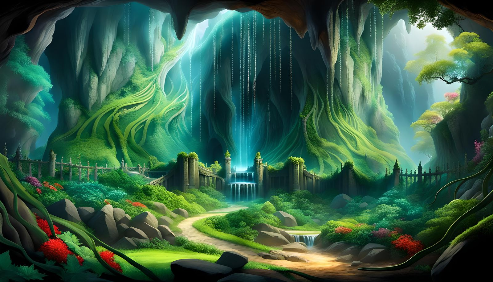 Enchanting Cavern Opening with River and Flowers
