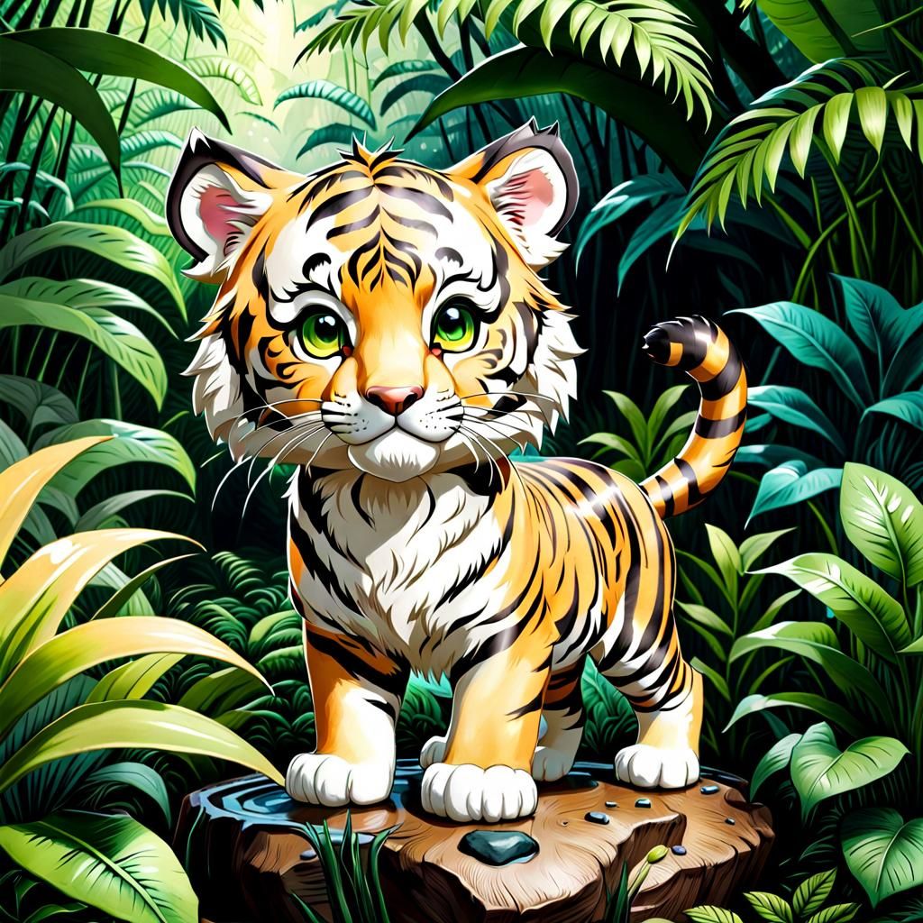 Adorable Chibi Tiger Cub in Jungle Landscape