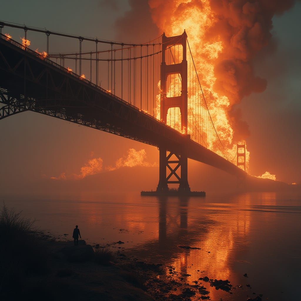 Burning Bridge in Dystopian Digital Art Style