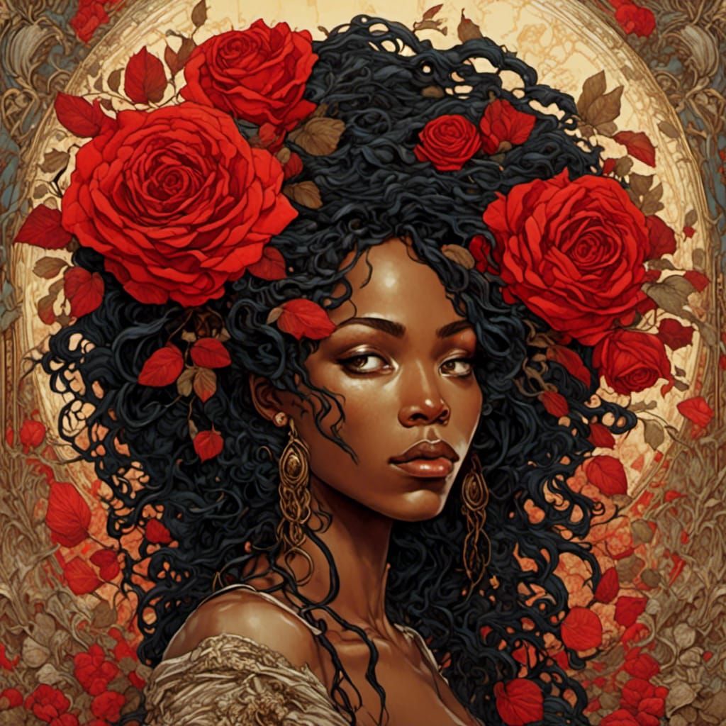 Black Woman with Rose in Art Nouveau Rococo Style