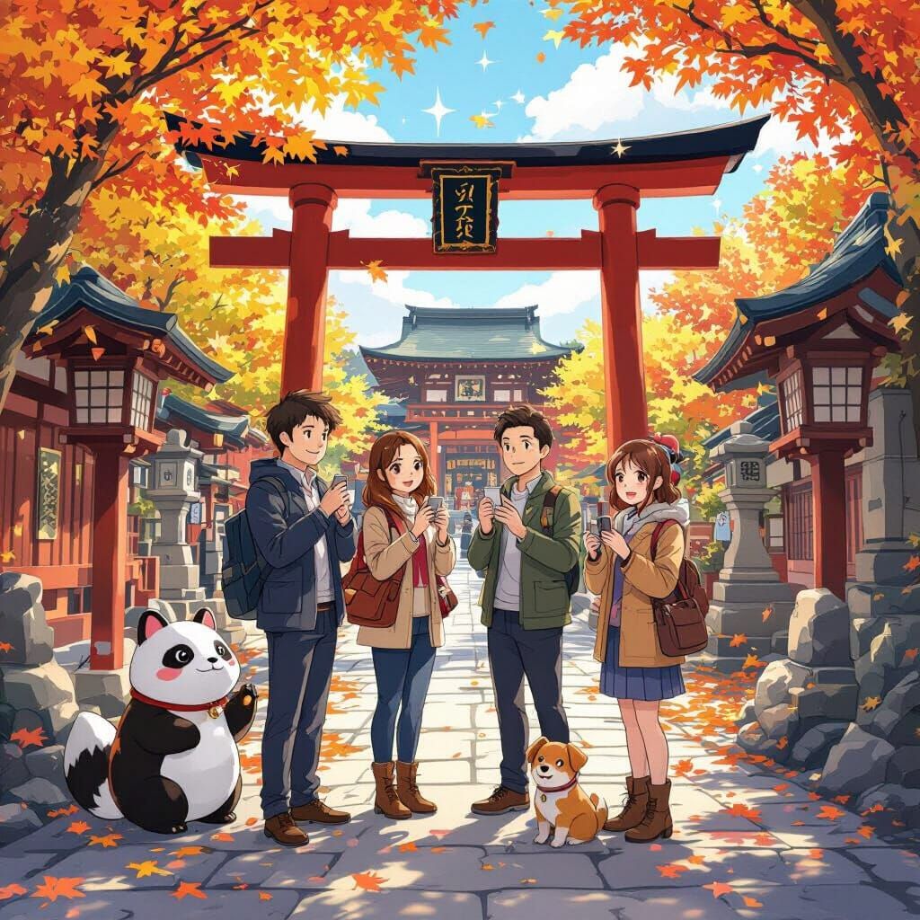 Japanese Office Workers at Shikoku Shrine in Anime Style