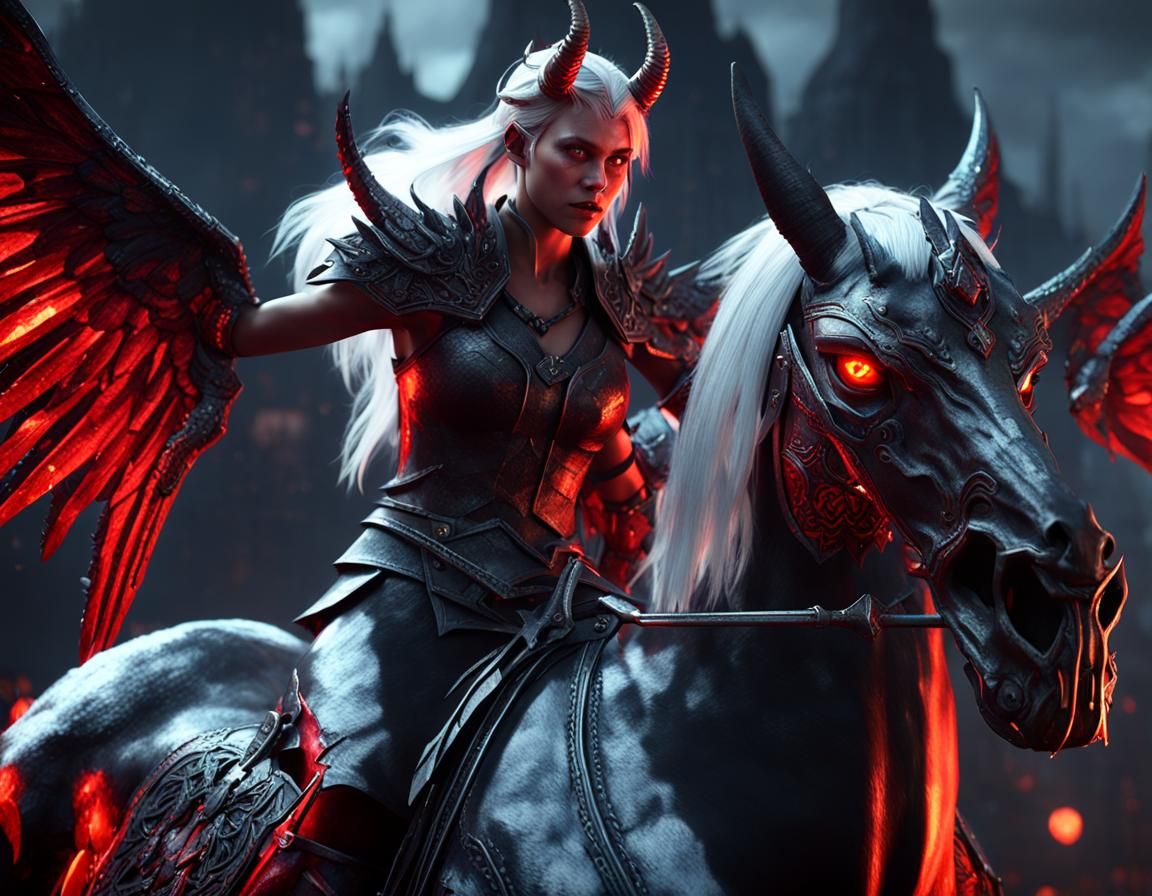 Winged Demon Girl Riding Undead Horse in 3D