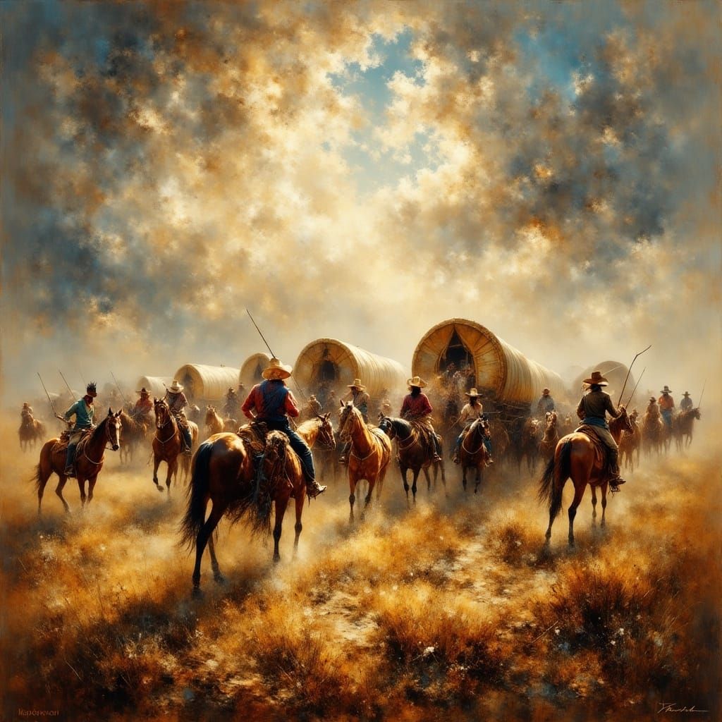 Native American Attack on Wagon Train Oil Painting
