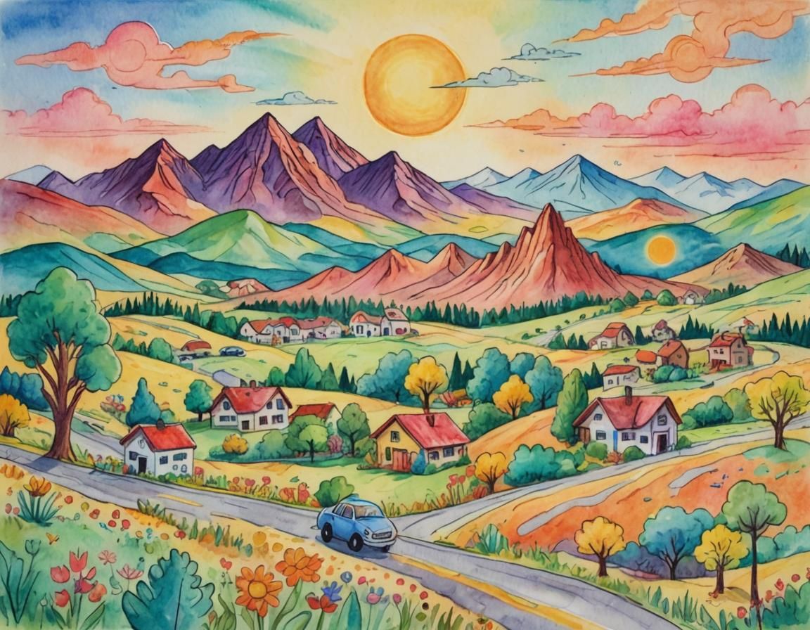 Whimsical Landscape with Astronaut, Car, and Dinosaur