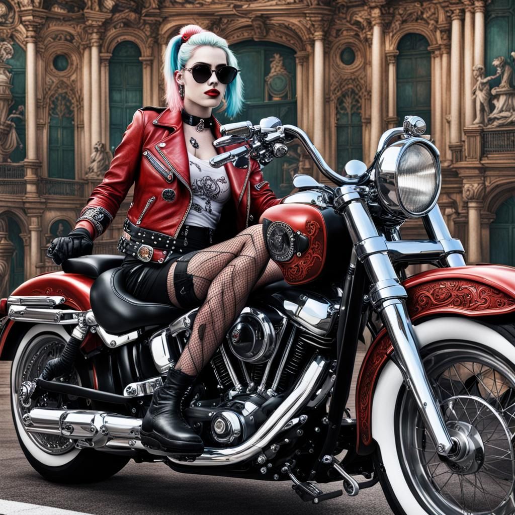 Harley Quinn on Motorcycle in Rococo Style