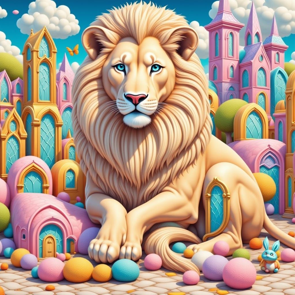Whimsical Pastel Lion with Stained Glass Windows and Wooden ...