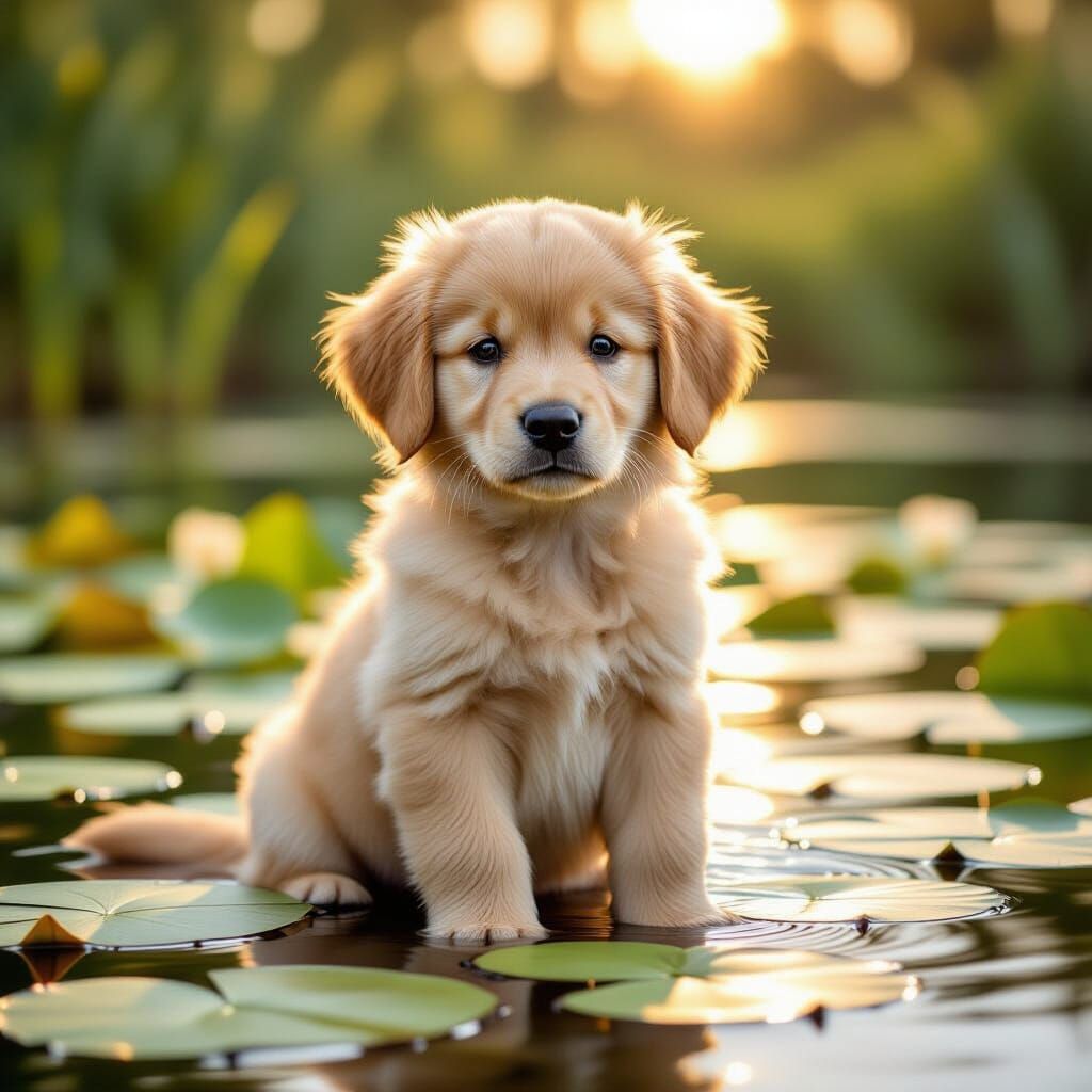 Golden Retriever Puppy by Tranquil Lake at Sunset