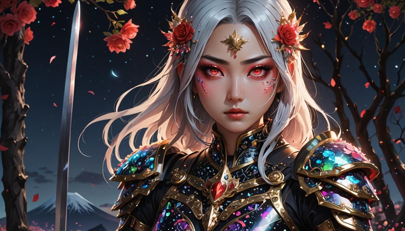 Warrior Girl with Mount Fuji in Anime Style