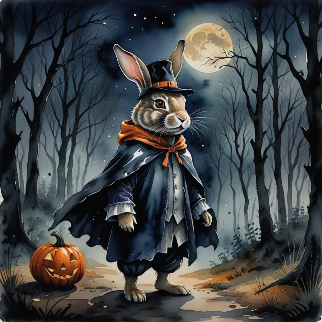 Mystical Rabbit in Spooky Halloween Costume Watercolor