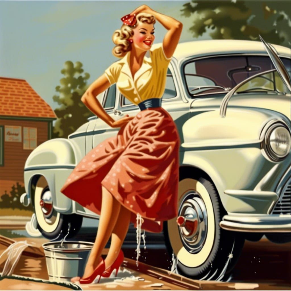 Vintage Pin-Up Girl Washing a Car