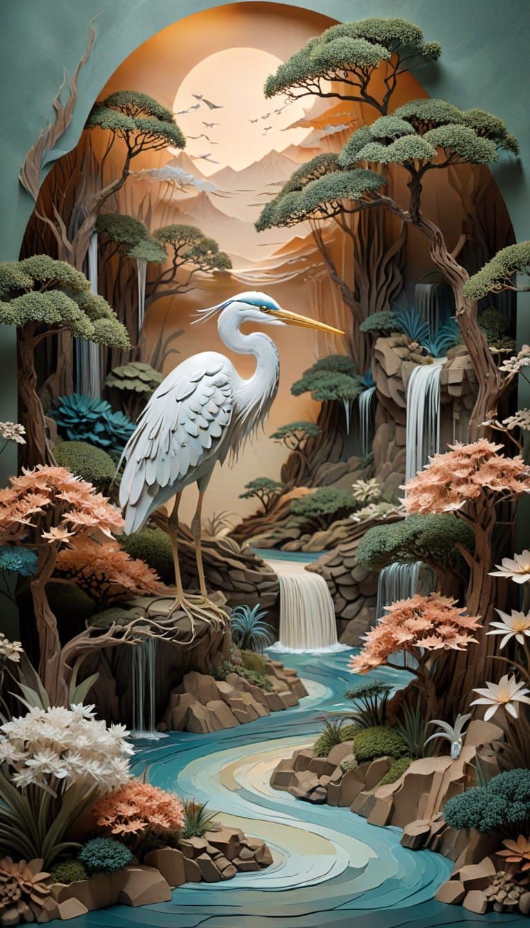 Surreal Paper Heron in Zen Garden Landscape