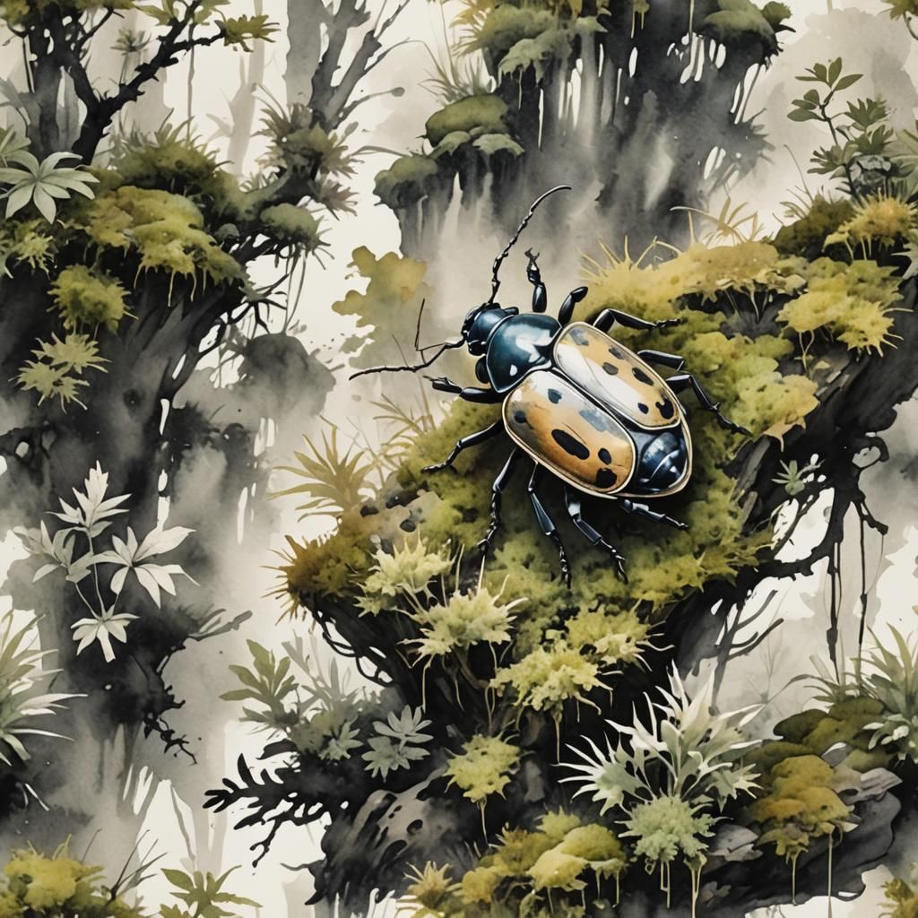 Beetle on Moss in Chinese Ink Wash Style