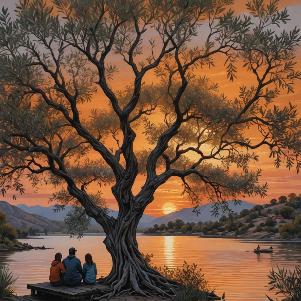 Picturesque Sunset Lake View with Family