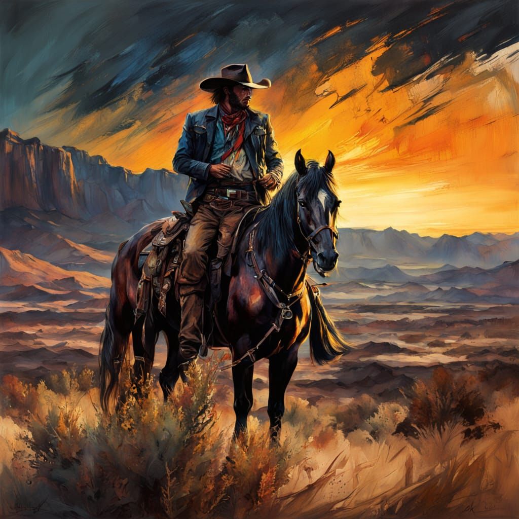 Cowboy in Montana Desert: Dark Fantasy Art