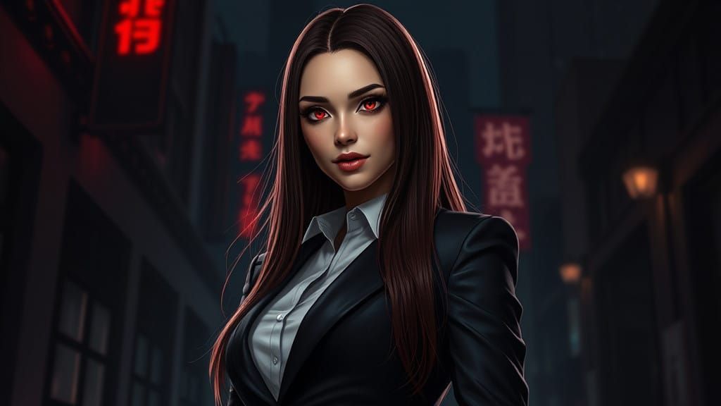 Enigmatic Makima Exudes Power in Dark Urban Landscape