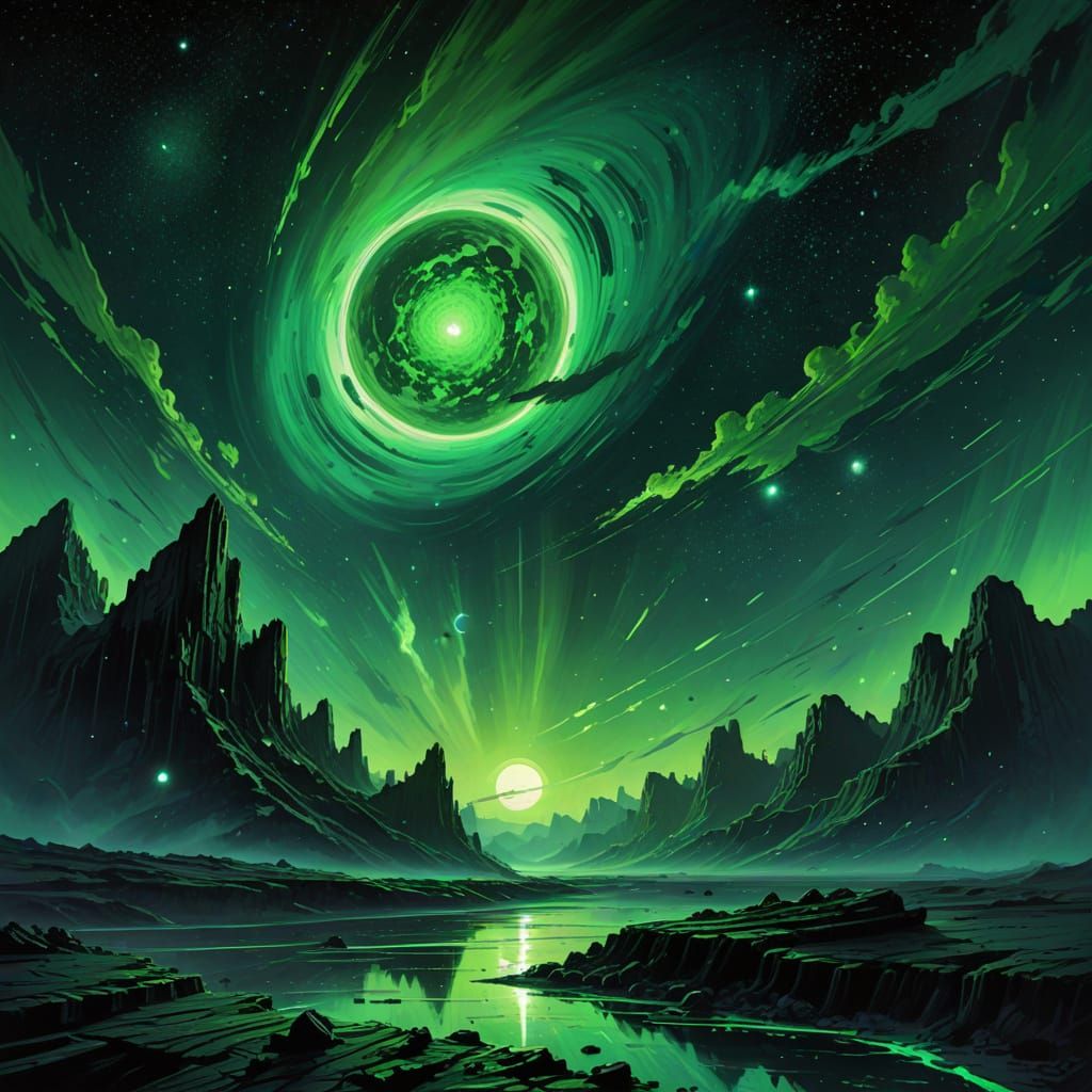 Ethereal Green Stars Surround Timeless Jupiter in Sci-Fi Art