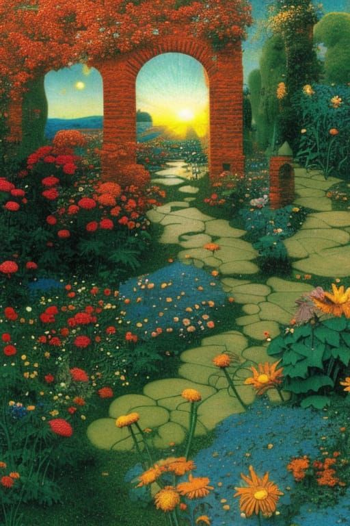 Sunrise Garden with Gothic Archways, in Surreal Art Nouveau ...