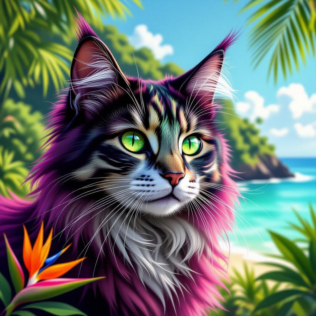 Exotic Magenta Cat with Lime Stripes in Tropical Paradise