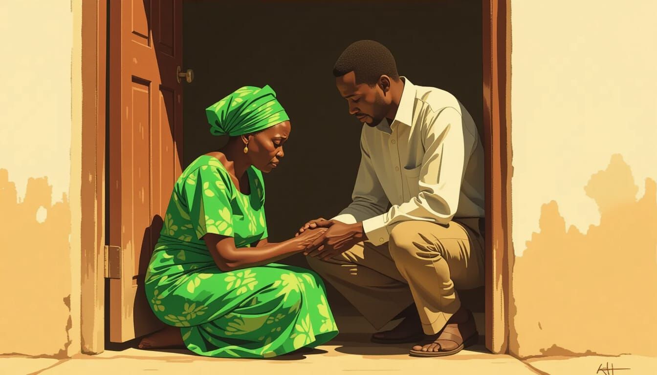 Elderly African Woman Helped Up by Man in Warm Realism Style