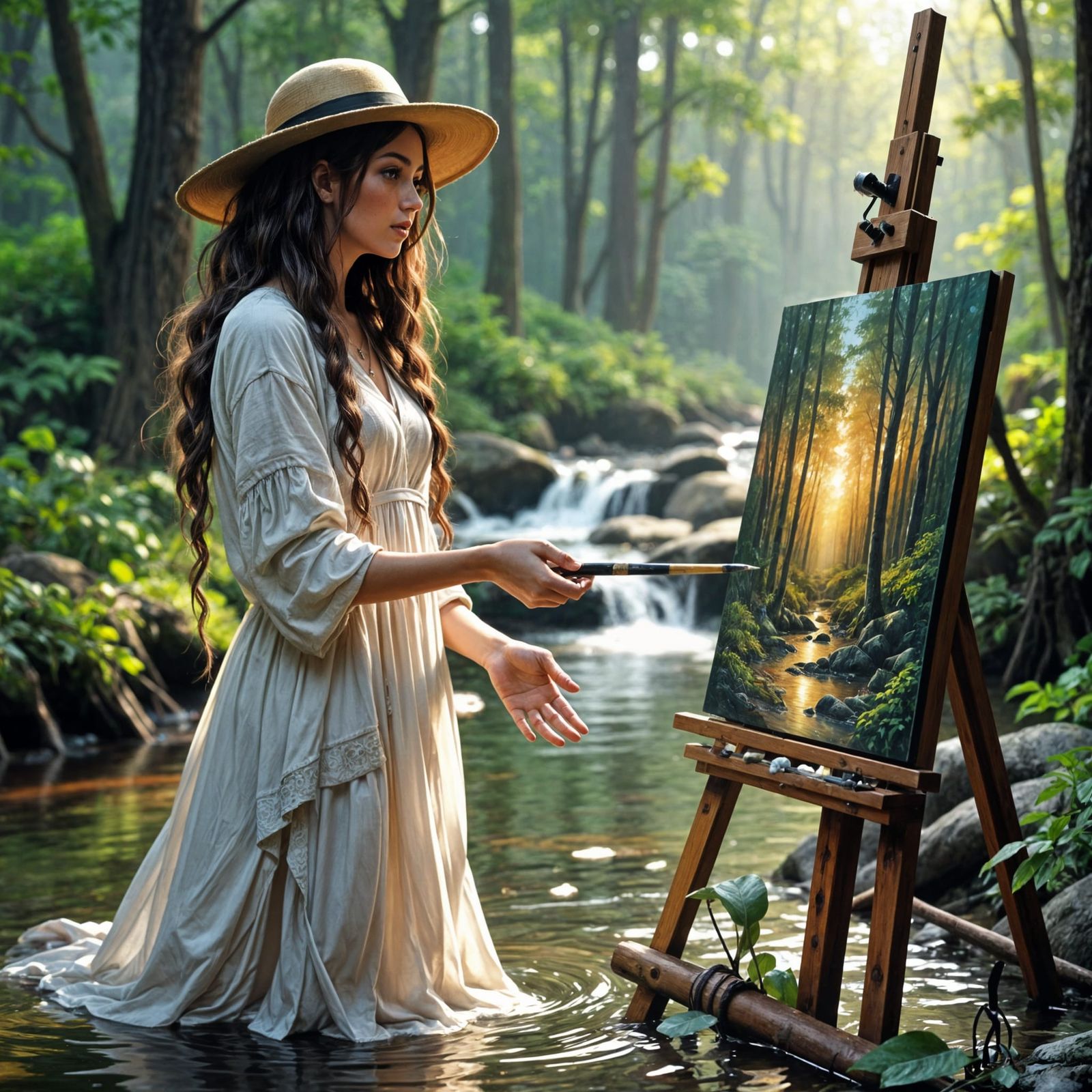 Woman Painting Forest Portrait in Creek