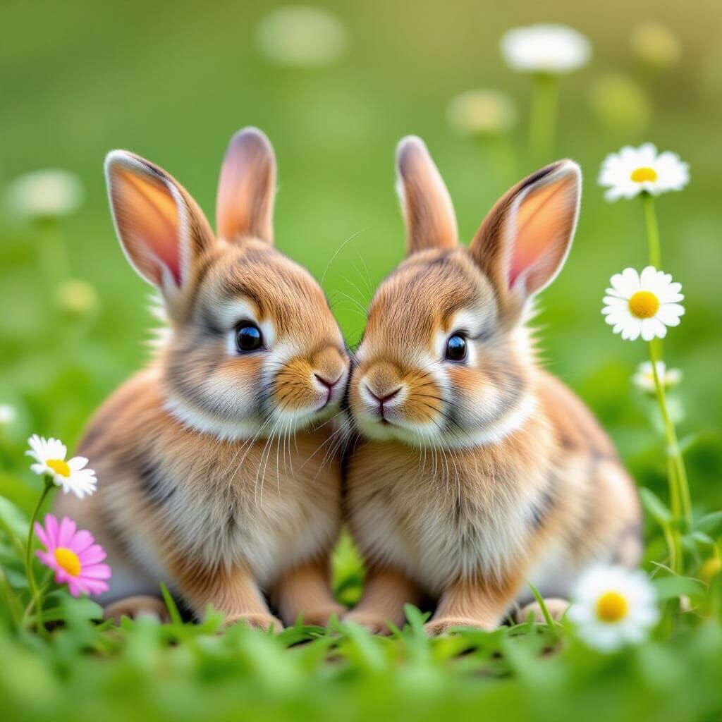 Two Baby Bunnies Amidst Lovely Flowers