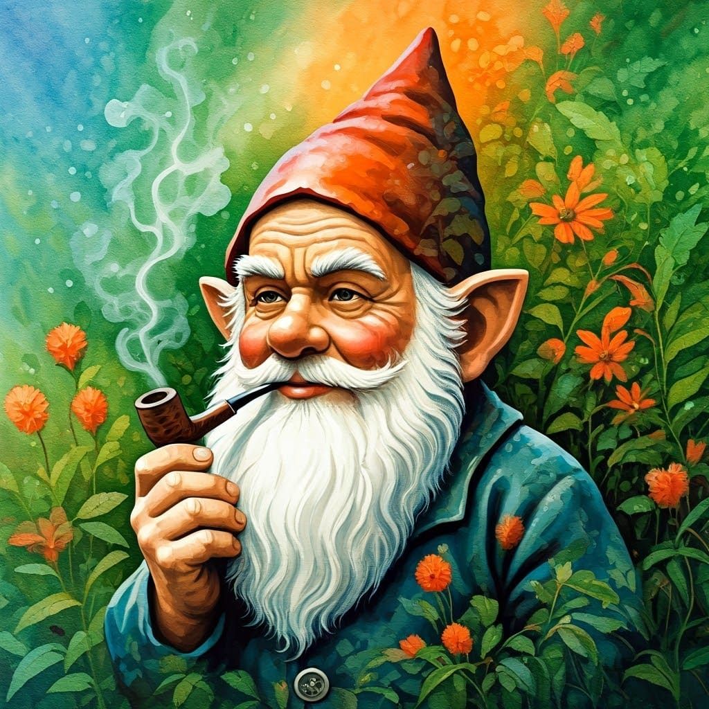 Jolly Gnome Smoking Pipe in Watercolor Garden