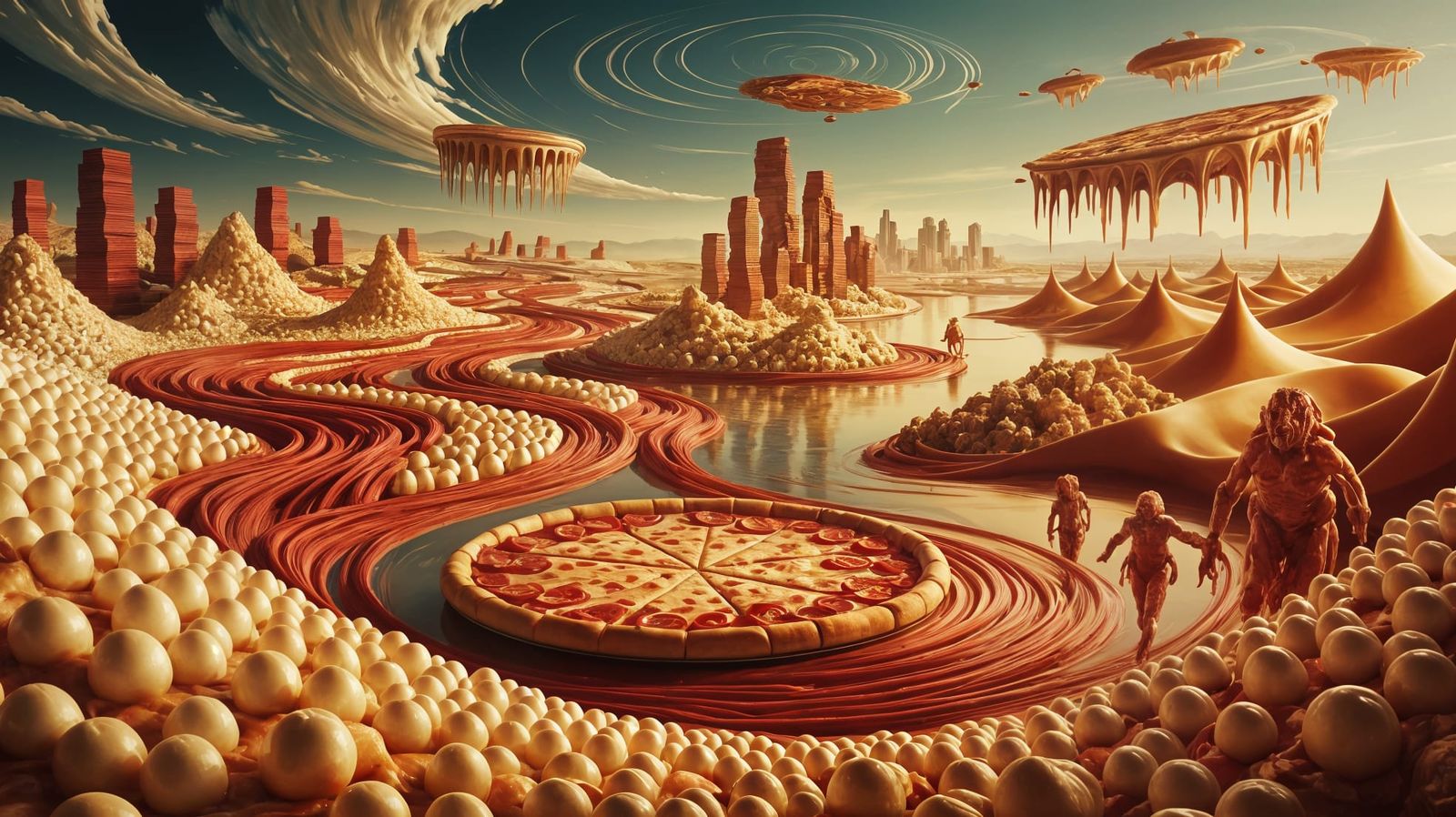 Dreamlike Pizza Landscape with Mozzarella Hills