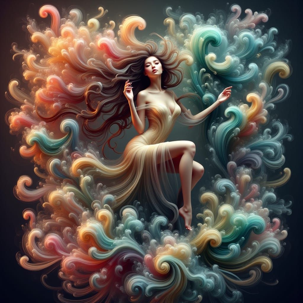 Surreal Woman Lost in Thought, Vibrant Swirling Patterns