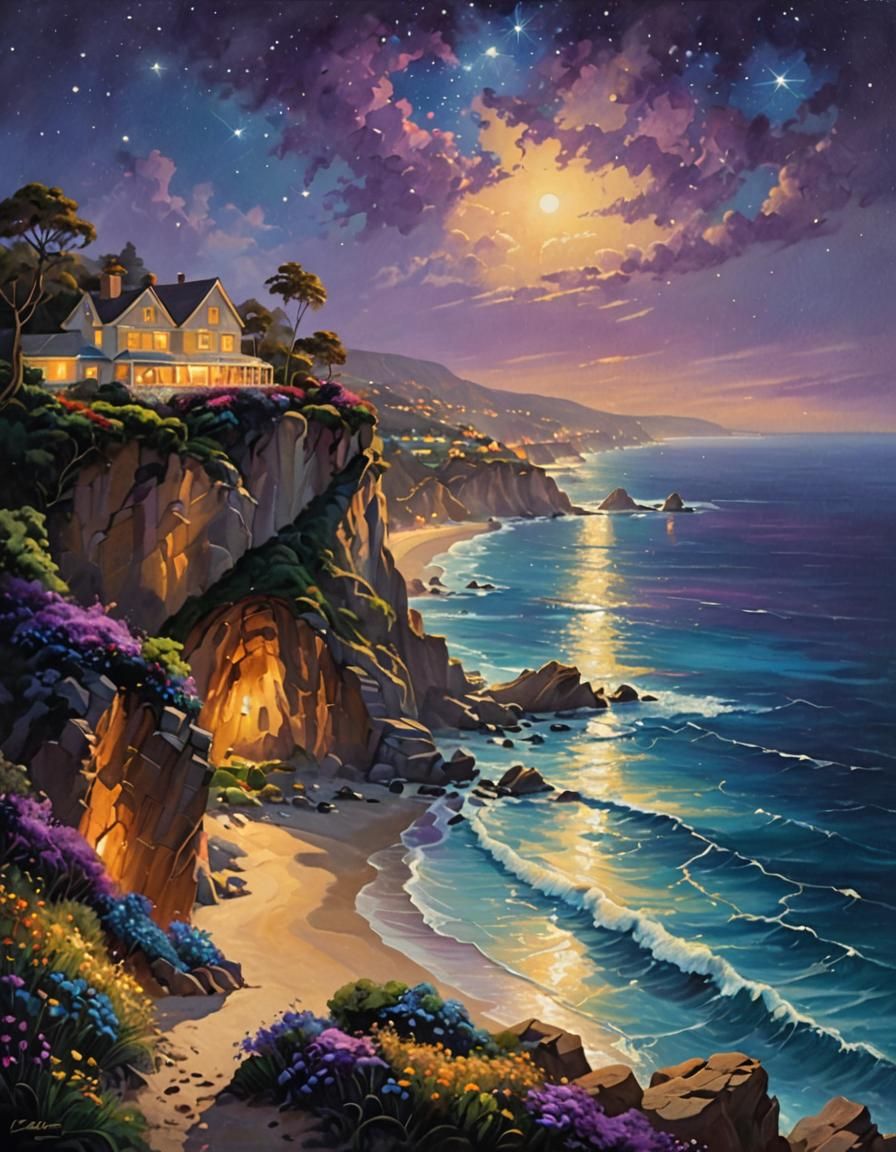 Laguna Beach Cliffs at Night in Oil Painting Style