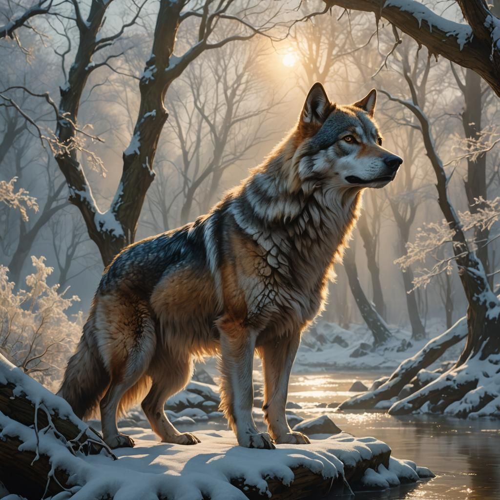 Majestic Wolf Dog on Riverbank: Fantasy Art