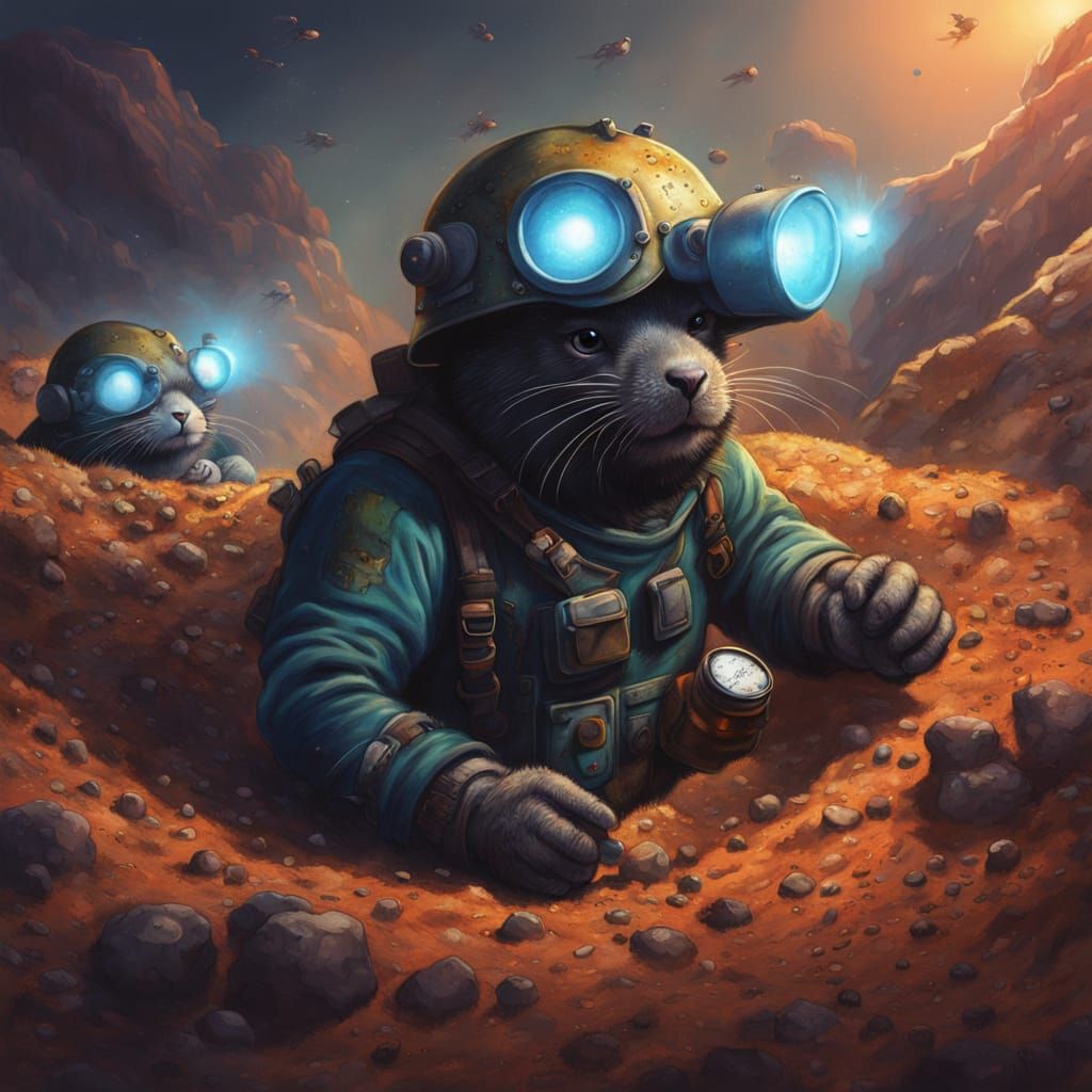 Two moles with a miner's helmet and a flashlight in the dept...