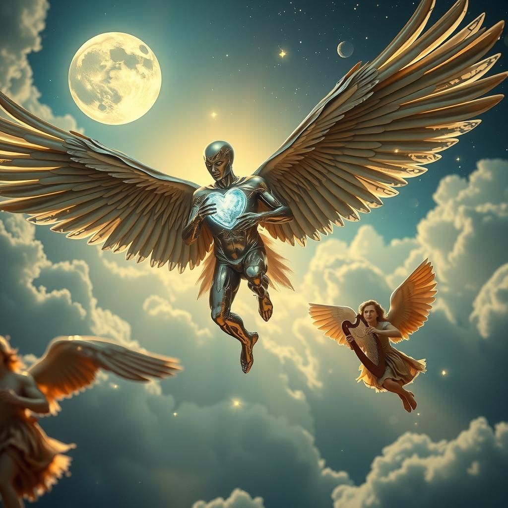 Chrome Angel Soaring Through Starry Expanse