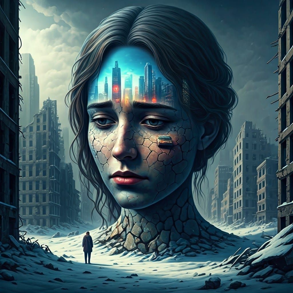 Desolate Post-Apocalyptic Winter Cityscape in Hyperrealistic...